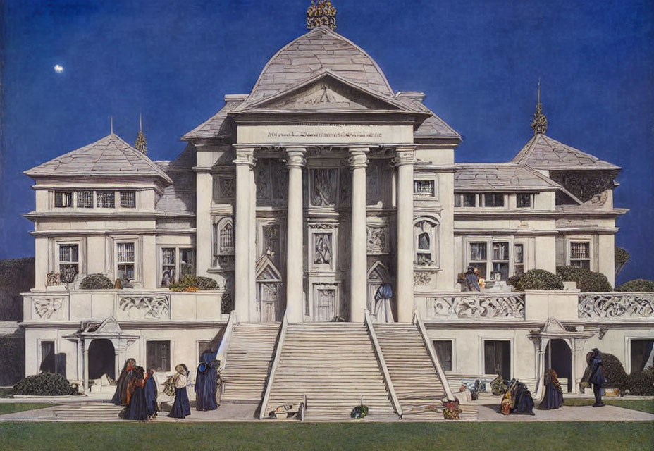 Elaborate classical mansion illustration with grand staircase