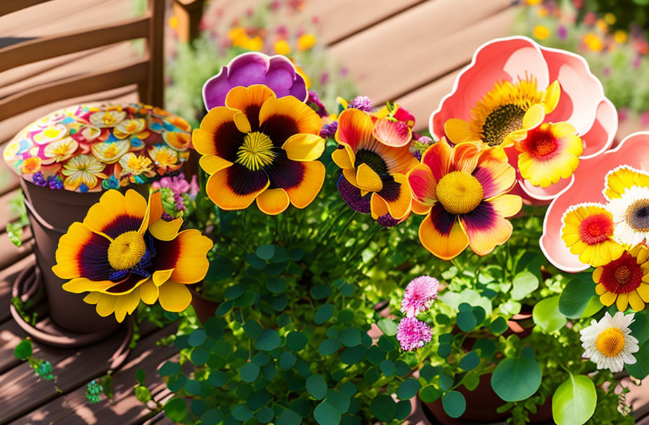 Colorful Artificial Flower Arrangement on Wooden Deck with Greenery