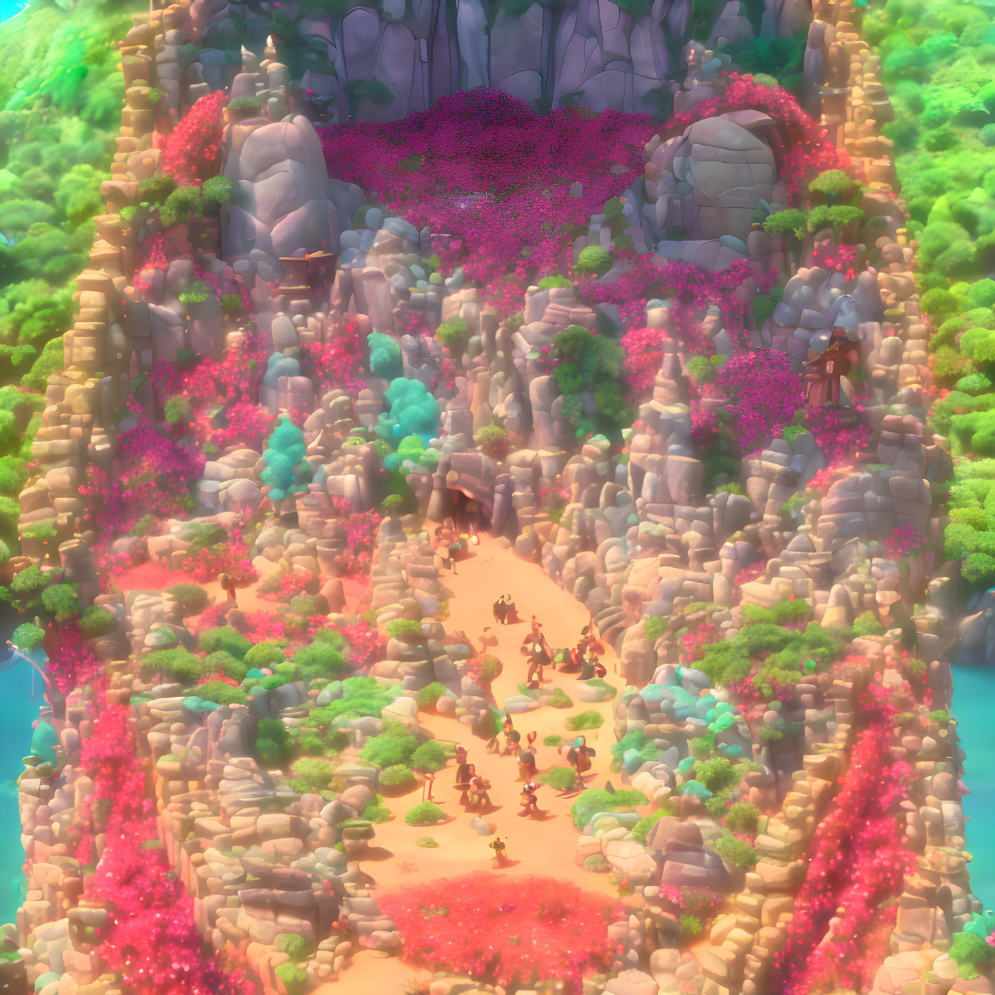 Digital artwork: Magical pathway with pink trees, rocks, and glowing cave