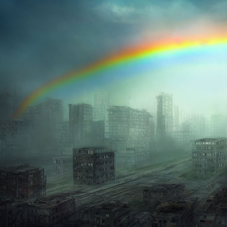 Vivid rainbow over abandoned cityscape with misty derelict buildings