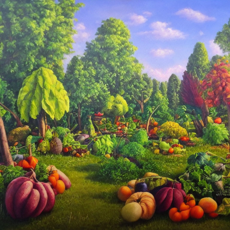 Colorful garden painting with ripe vegetables, fruit, and tall trees under blue sky