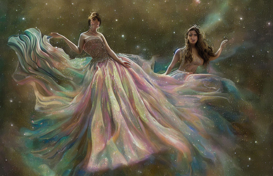 Ethereal Women in Sparkling Dresses Against Cosmic Background