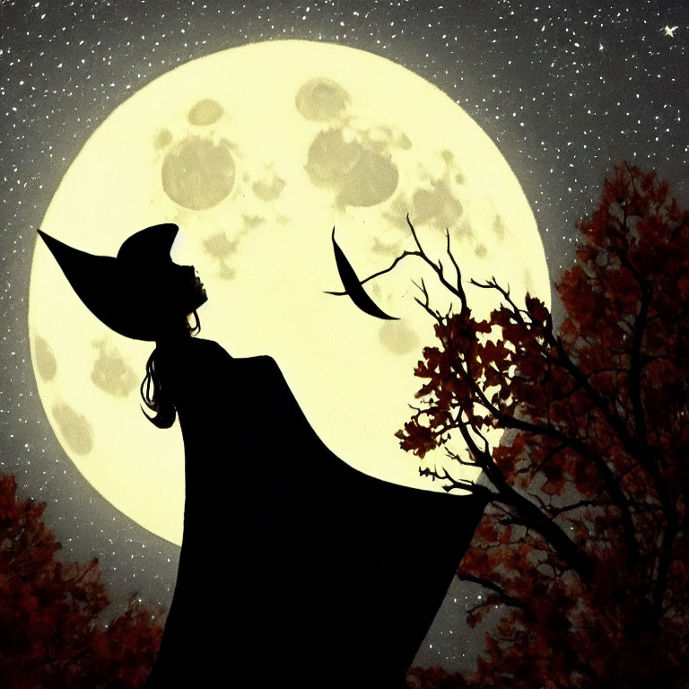 Silhouette of witch on broomstick under full moon