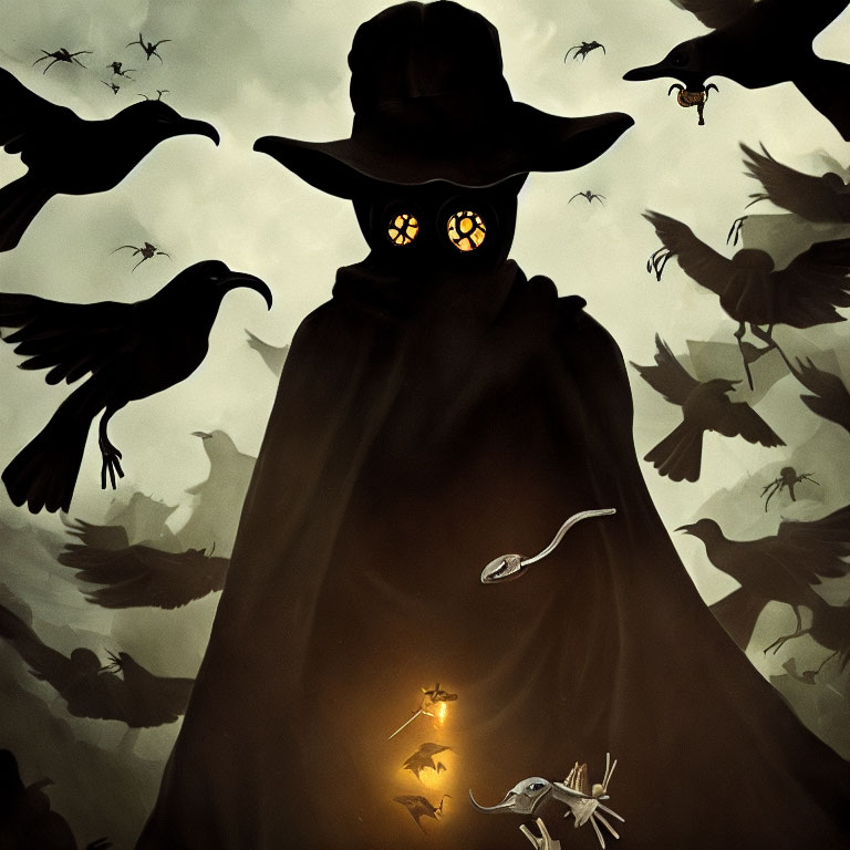 Mystical figure with glowing eyes in cloak surrounded by crows and keys