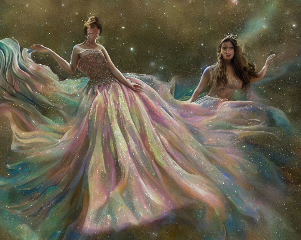 Ethereal Women in Sparkling Dresses Against Cosmic Background