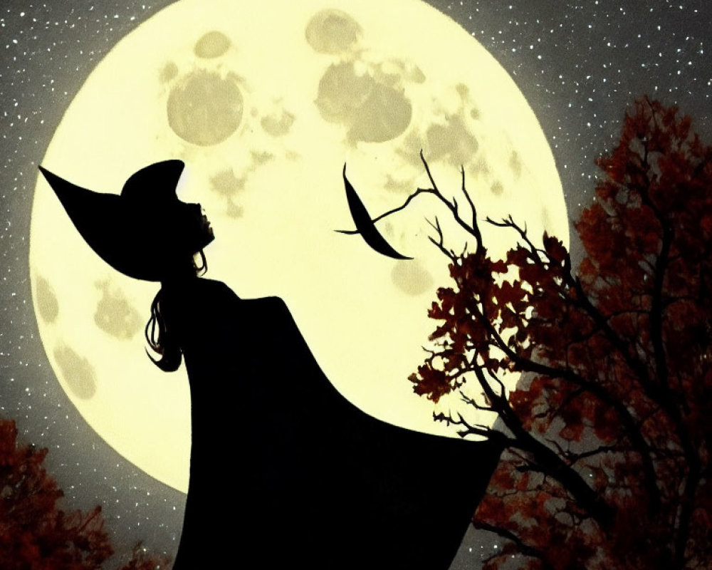 Silhouette of witch on broomstick under full moon