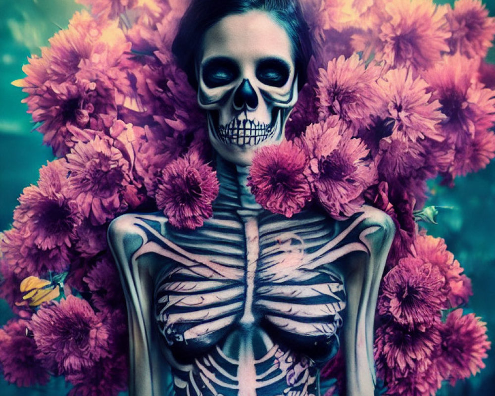 Person with skull face paint and skeleton body art among purple flowers for Dia de los Muertos.