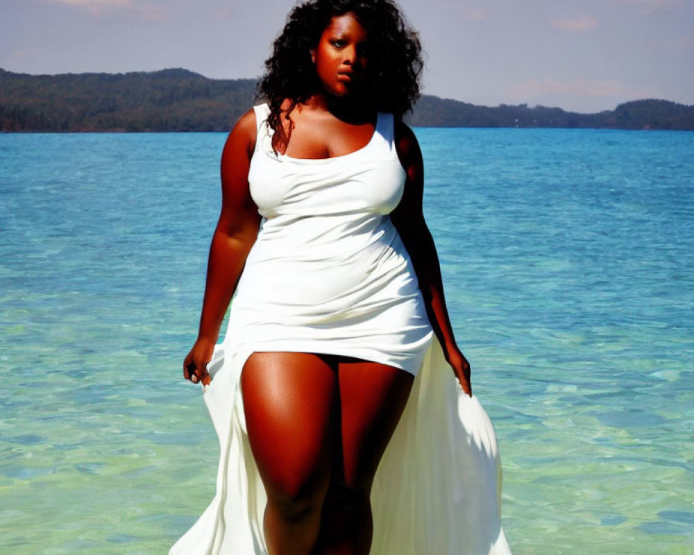 Woman in White Dress Standing in Shallow Waters by Calm Lake