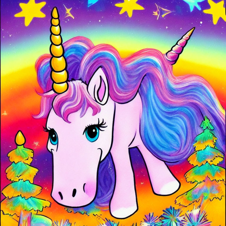 Colorful Whimsical Unicorn Illustration with Purple Mane and Starry Sky