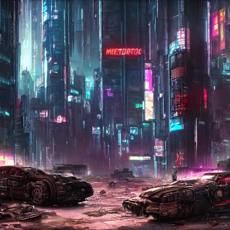 Dystopian cityscape: neon-lit skyscrapers, abandoned cars