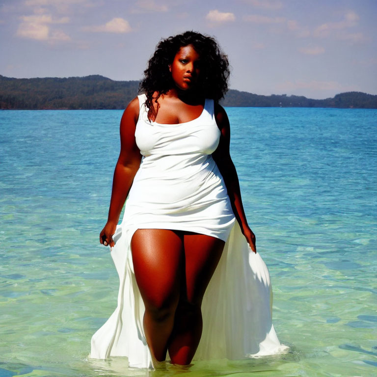 Woman in White Dress Standing in Shallow Waters by Calm Lake