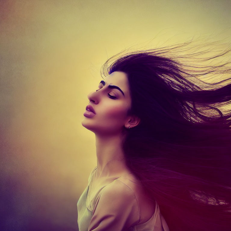 Profile of Woman with Long Flowing Hair in Sepia Background