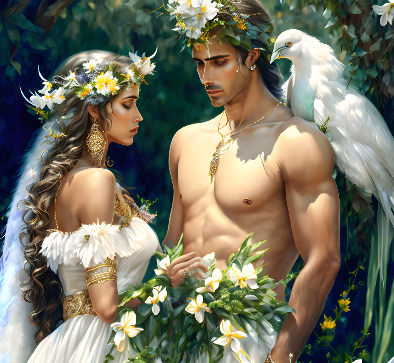 Man and woman in ornate garb with white dove, lush greenery, white flowers