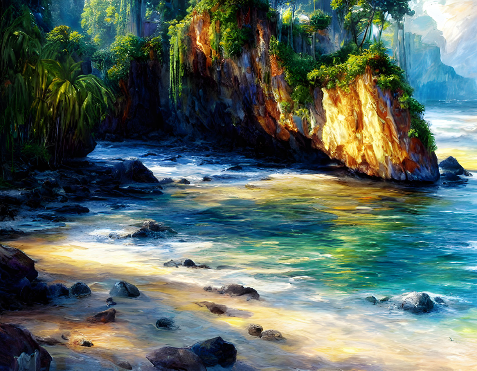 Misty sunlight over serene river, lush cliff, and rocks