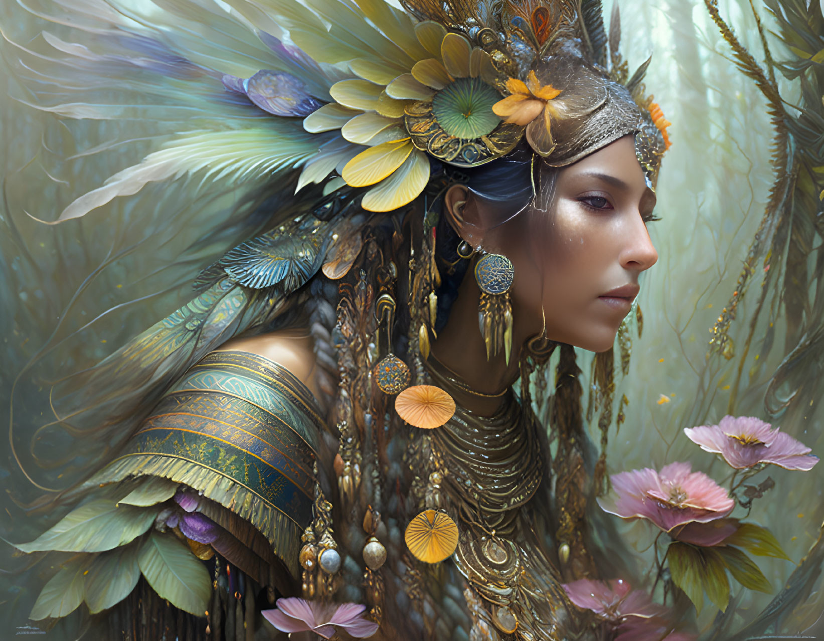 Woman's profile with intricate feather and jewel headdress in serene nature backdrop