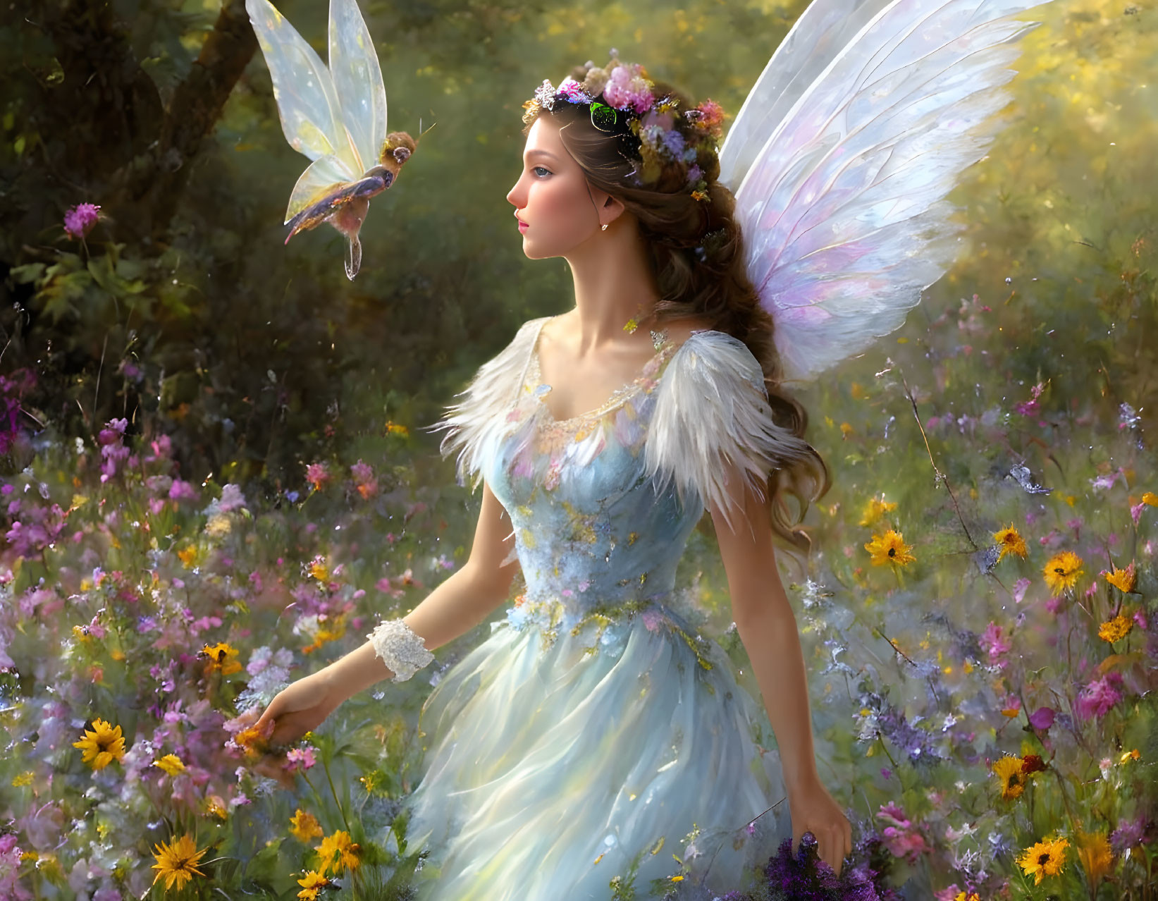 Woman in blue fairy dress with large wings in vibrant flower field