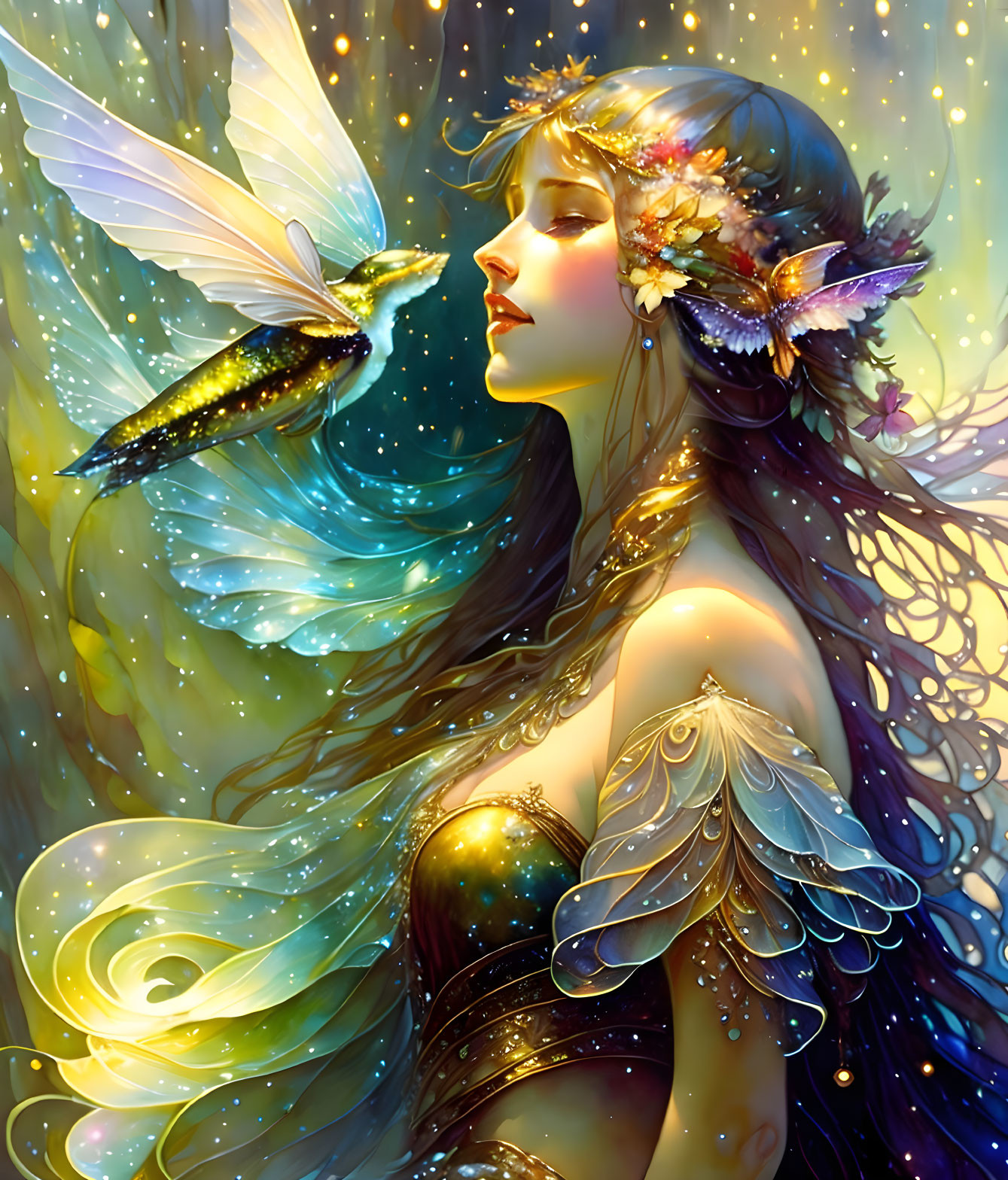 Ethereal female figure with butterfly wings and hummingbird in golden light