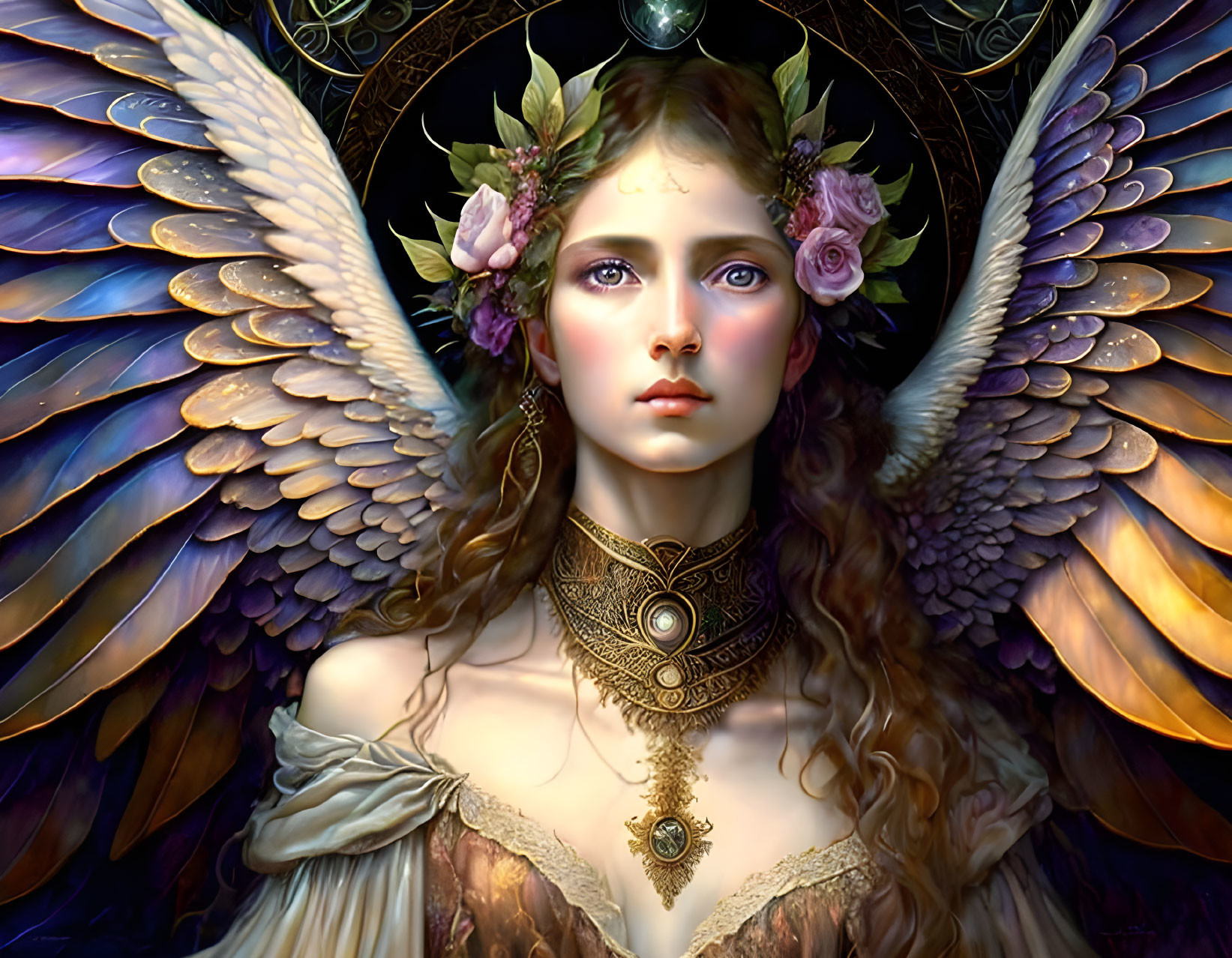 Ethereal woman with angelic wings and floral adornments.