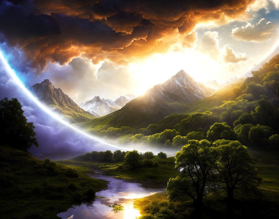 Dramatic Landscape with Light Beam, Clouds, and Valley