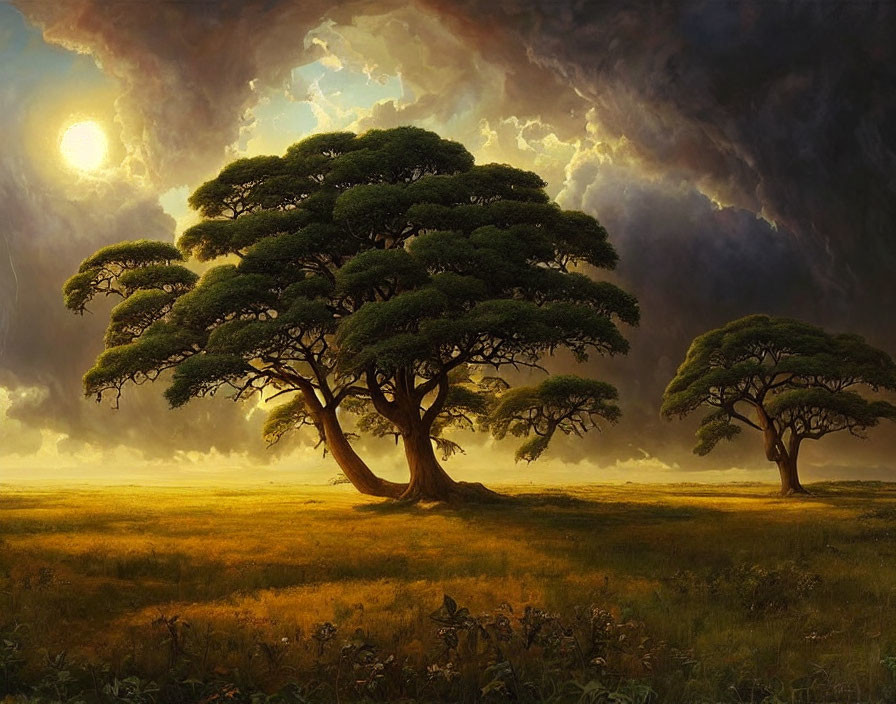 Majestic trees in serene landscape at sunset