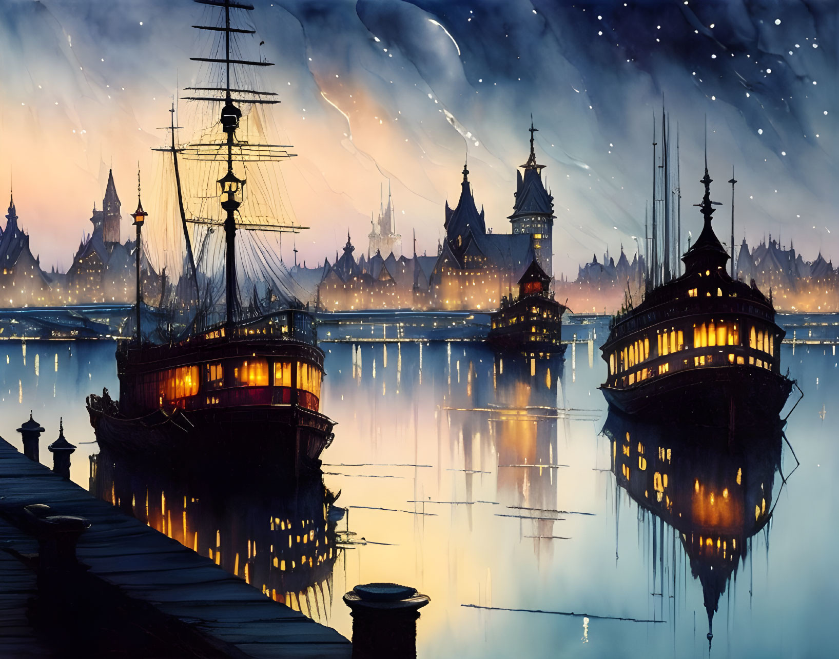 Tranquil harbor at dusk with old-fashioned ships and cityscape reflection.