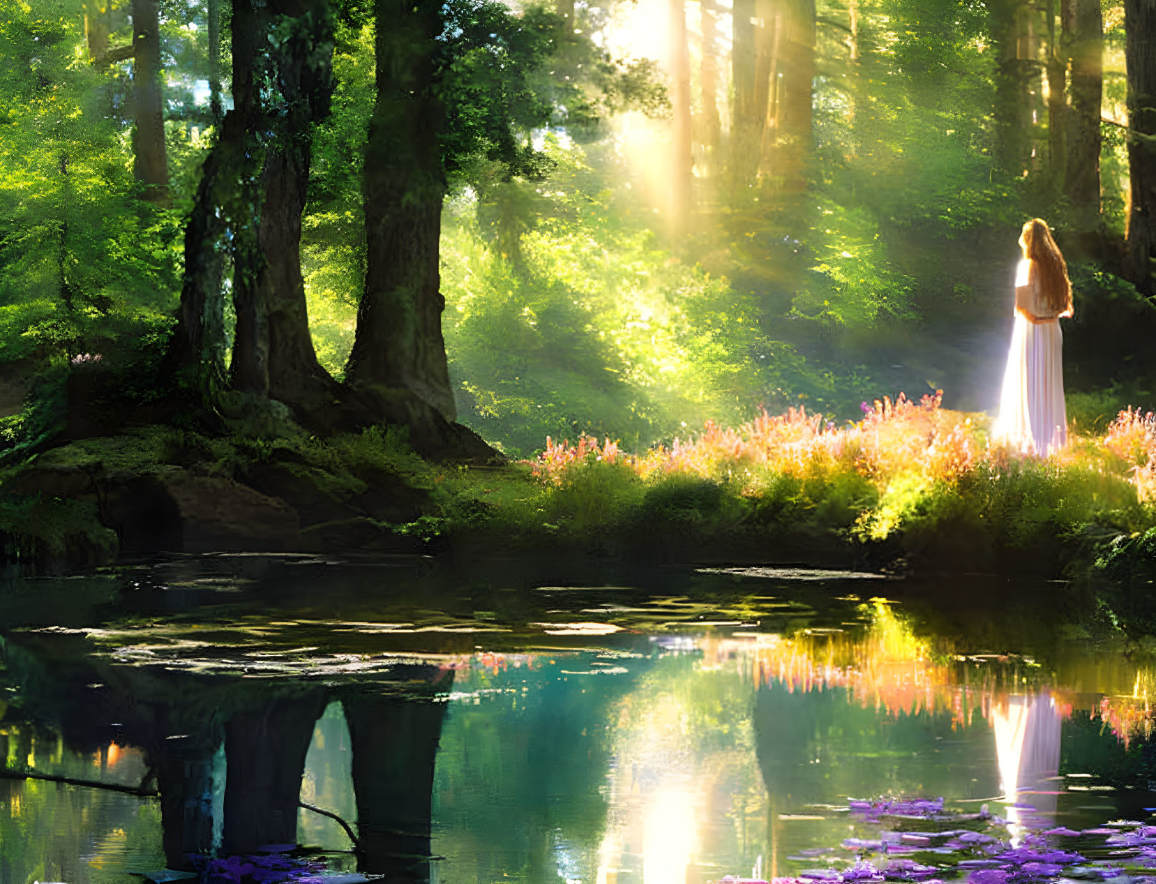 Tranquil forest landscape with person by reflective pond