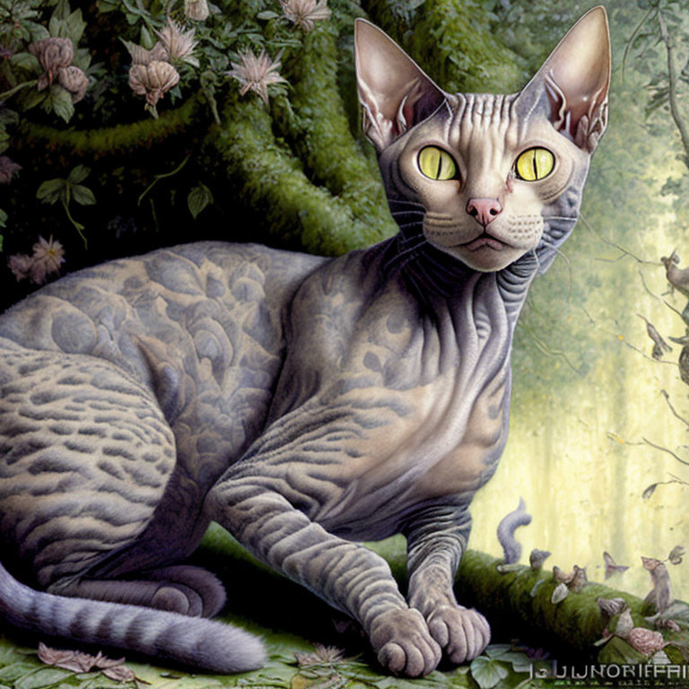 Fantastical cat with yellow eyes in lush forest