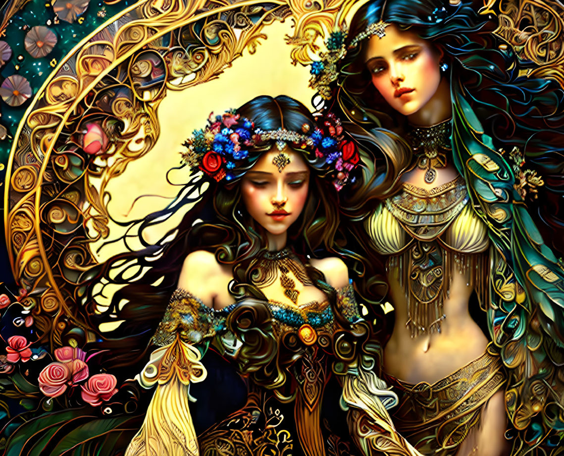 Illustrated Women with Ornate Jewelry and Flower Crowns on Golden Floral Background