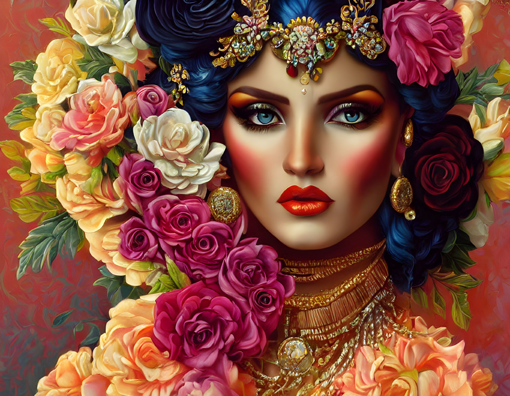 Colorful portrait of a woman with floral crown, jewelry, and bold makeup in rose garden