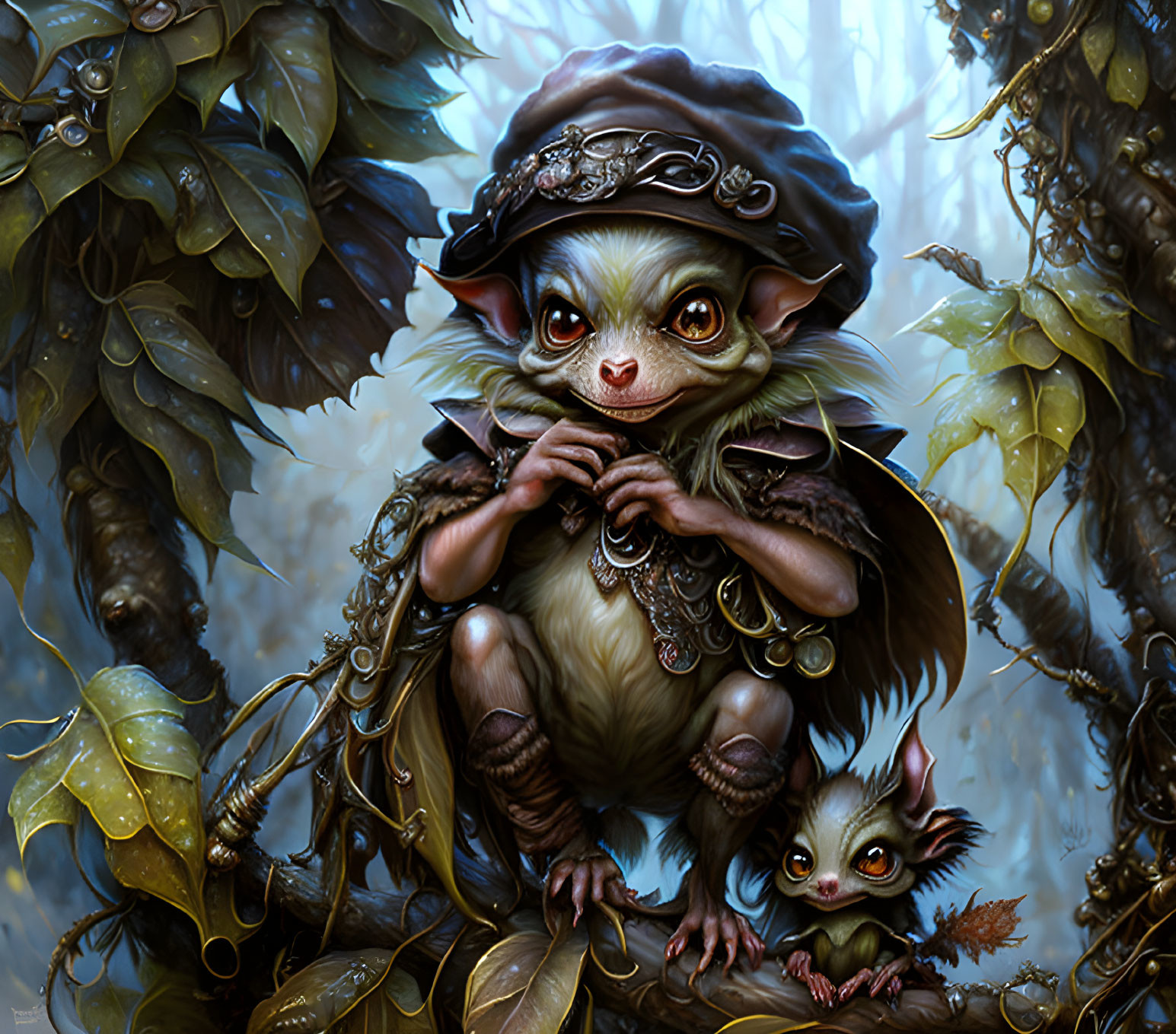 Whimsical creatures with large eyes in forest setting