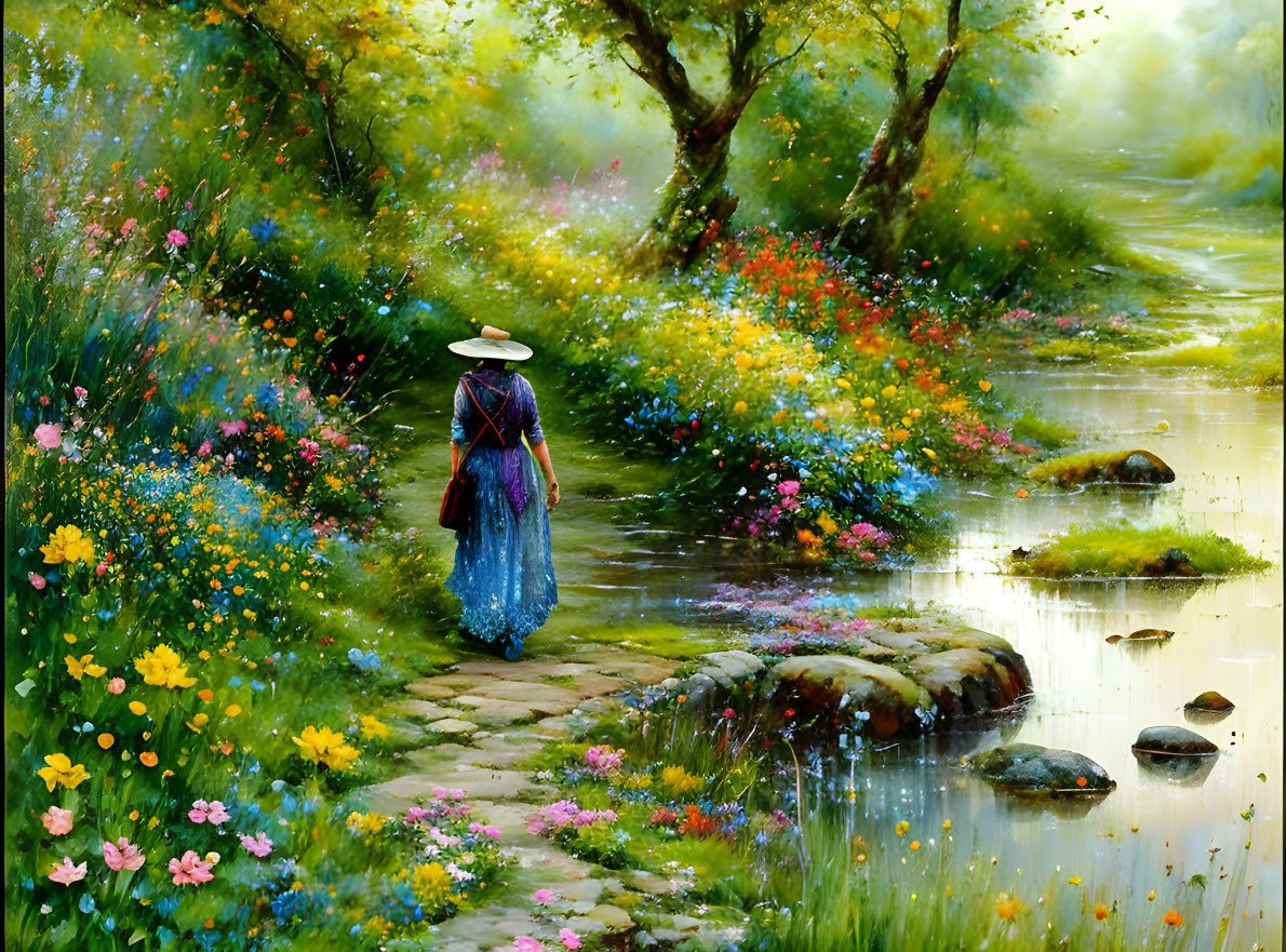 Person in hat strolling stone path in vibrant flower landscape