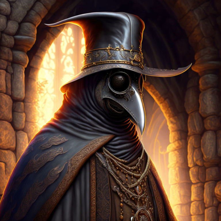 Plague doctor digital art: cloaked figure with beaked mask by stone archway