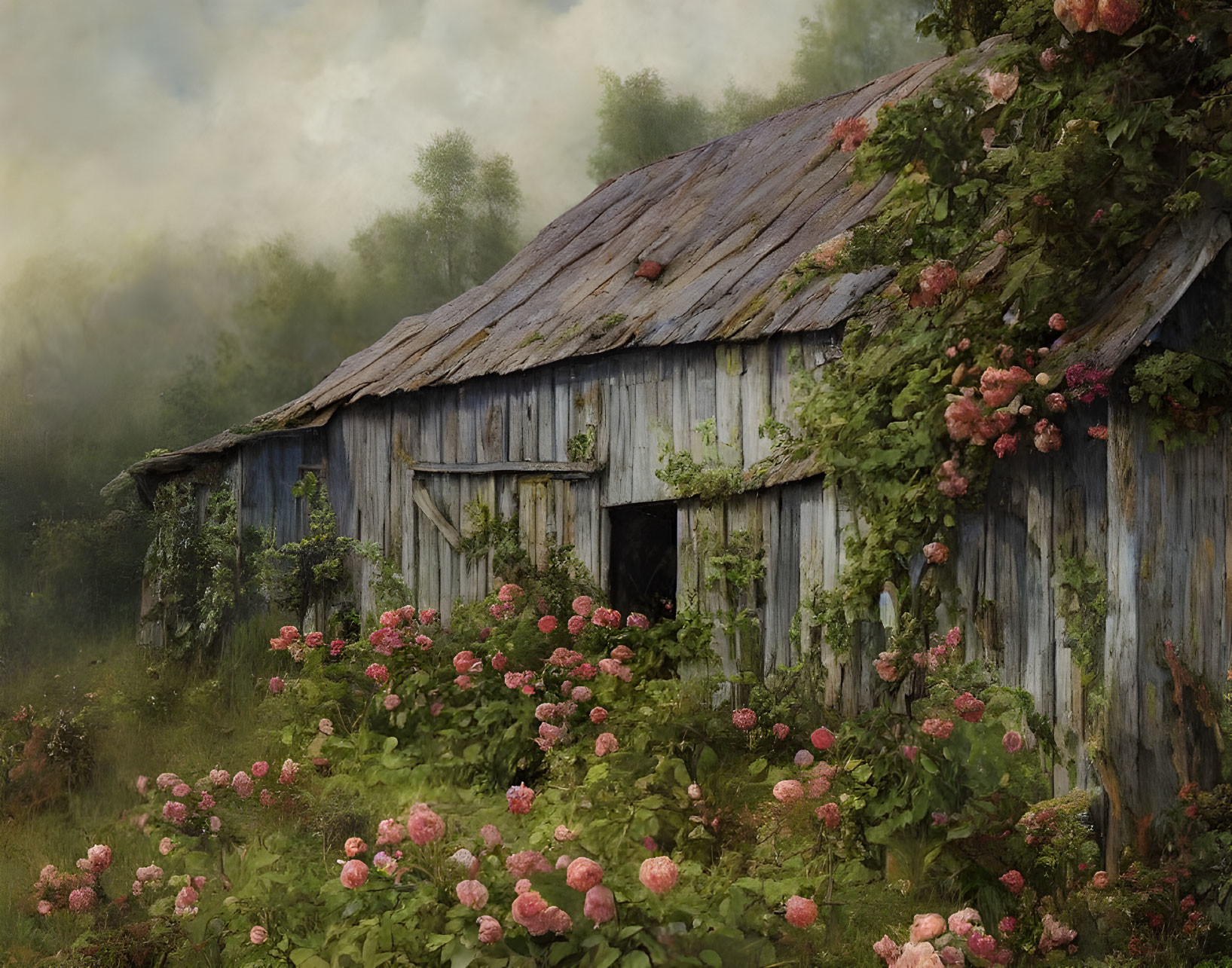 Rustic wooden cabin surrounded by pink roses in misty forest