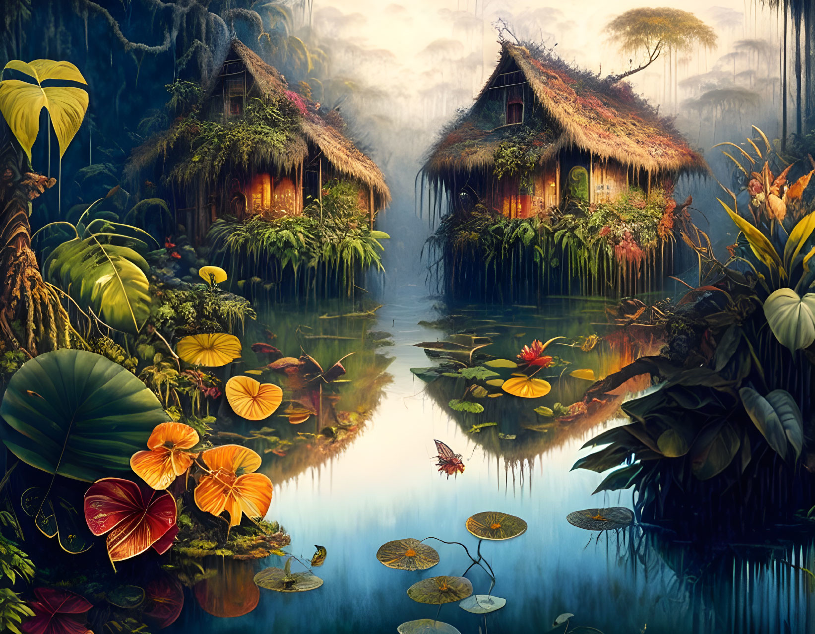 Nighttime jungle river scene with illuminated thatched huts and vibrant flora