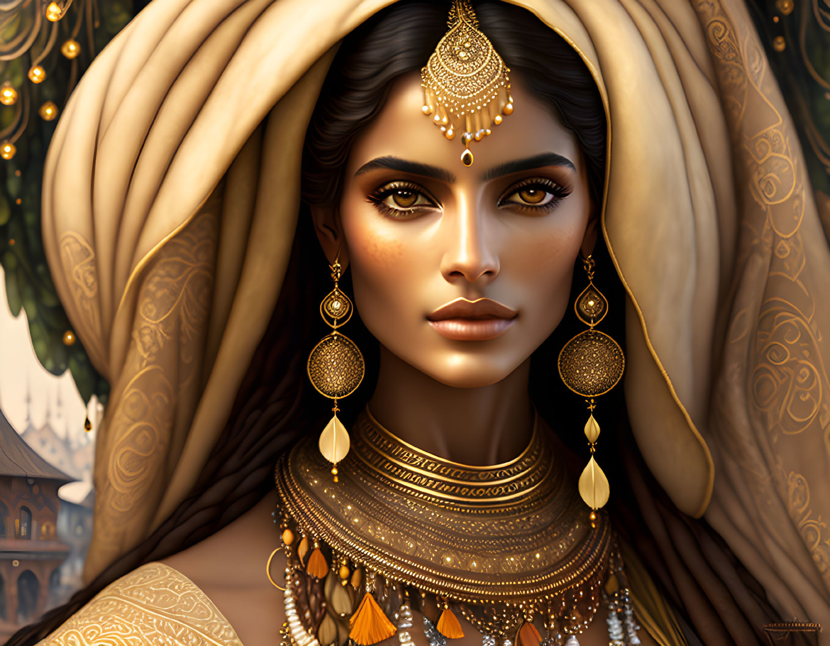 Intricate gold jewelry adorns woman with captivating brown eyes