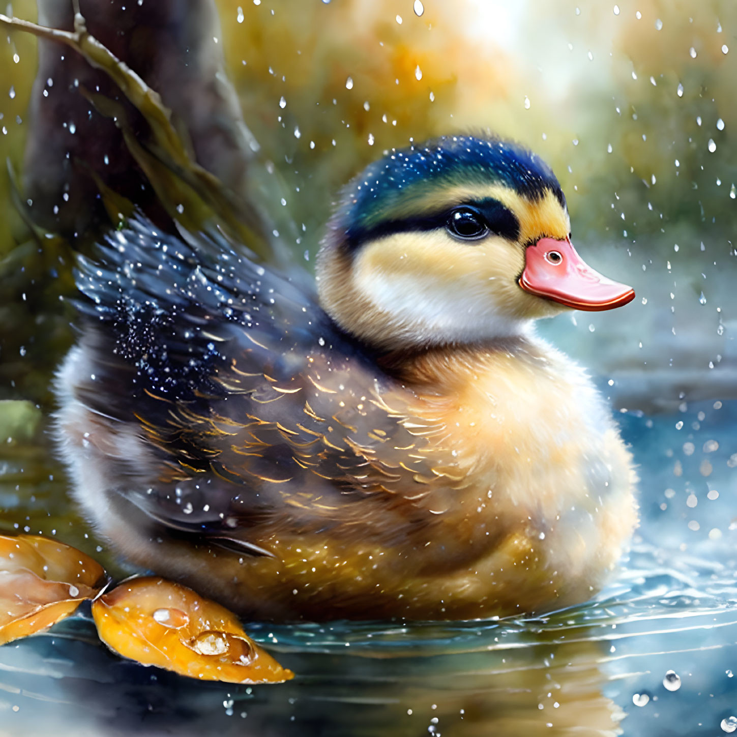 Vibrant duckling with pink beak in serene water with falling snowflakes