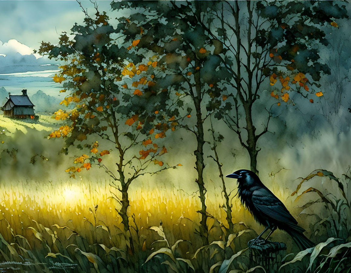 Crow on rock gazes at golden field with cottage, trees, autumn foliage, and dusky sky