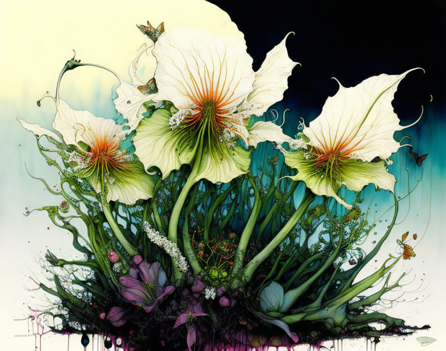 Detailed artwork of blooming white flowers, green stems, butterflies, and whimsical elements on abstract backdrop