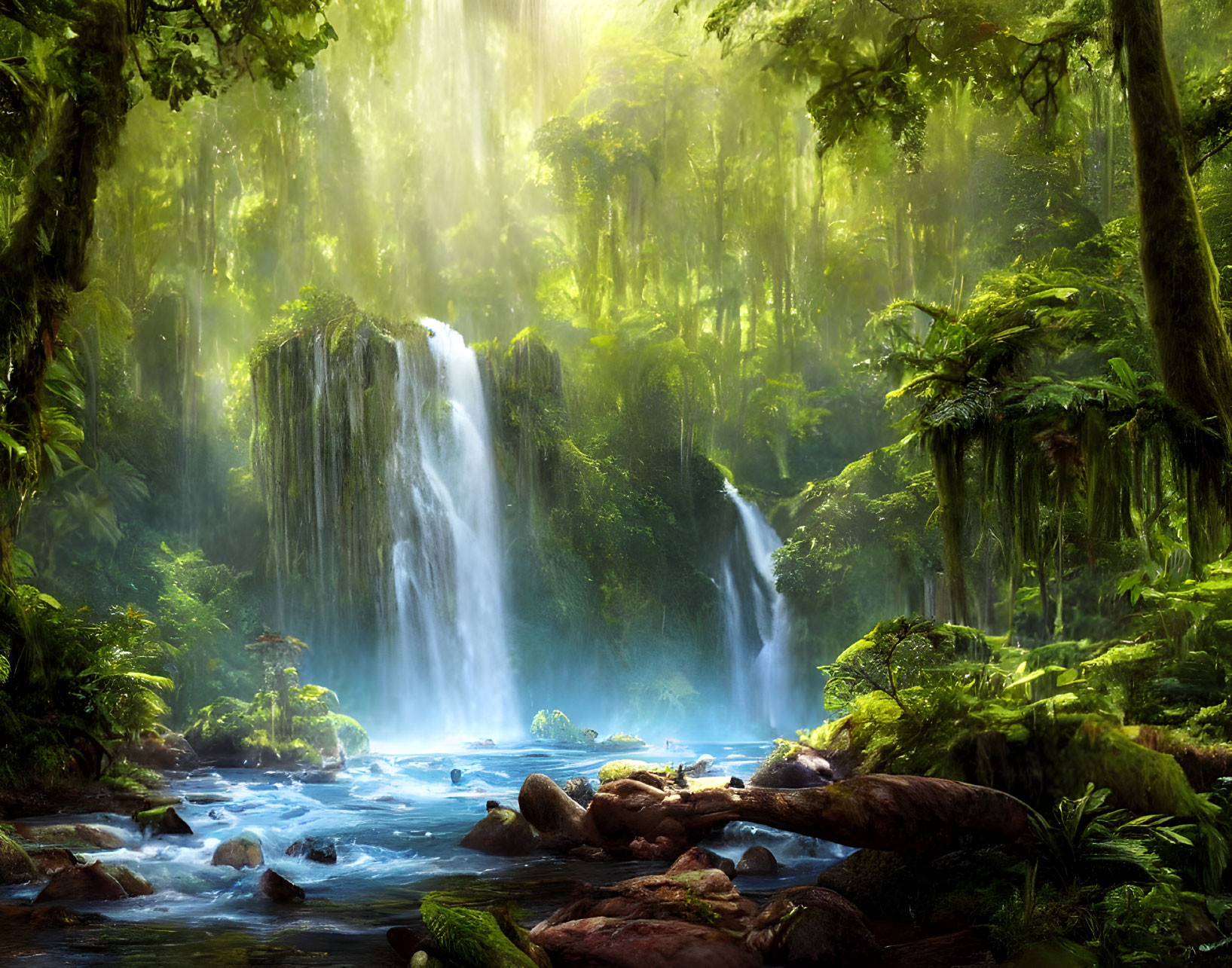 Tranquil forest waterfall with sunlight and mist.