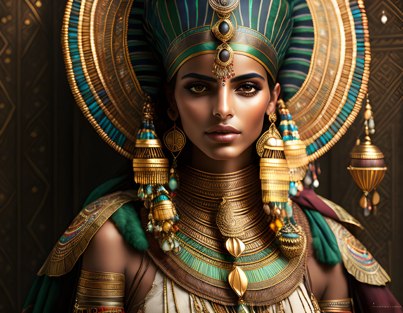 Ancient Egyptian-style regal woman in ornate attire