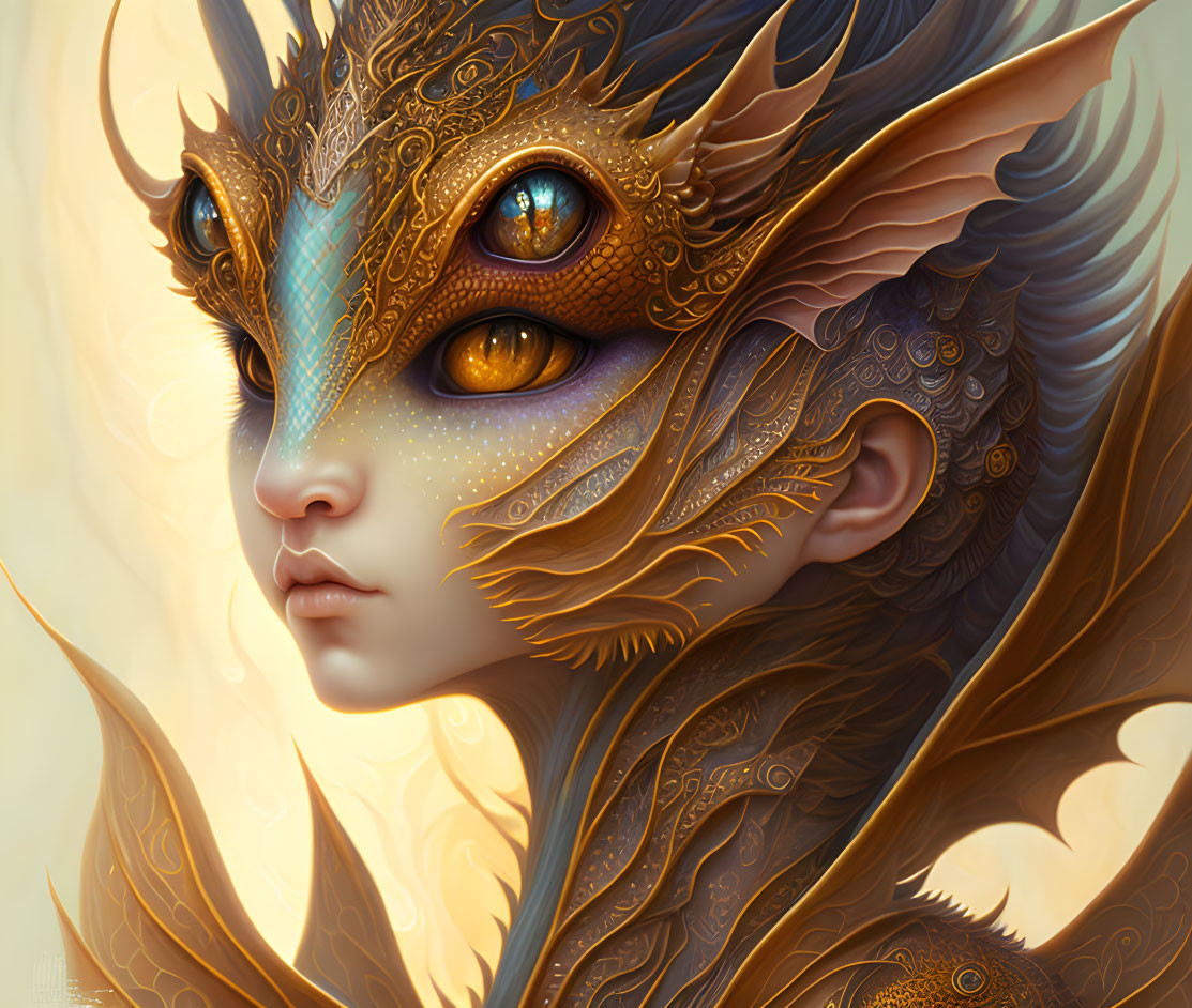 Fantastical digital artwork of a human-like creature with golden dragon features