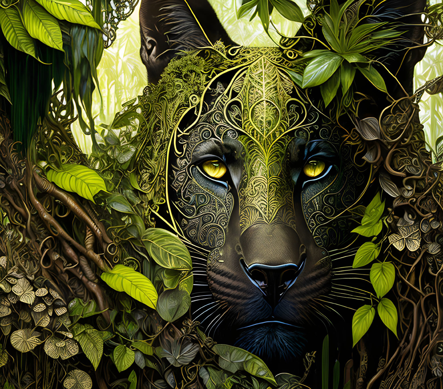 Detailed Leopard Artwork with Ornate Patterns on Green Background