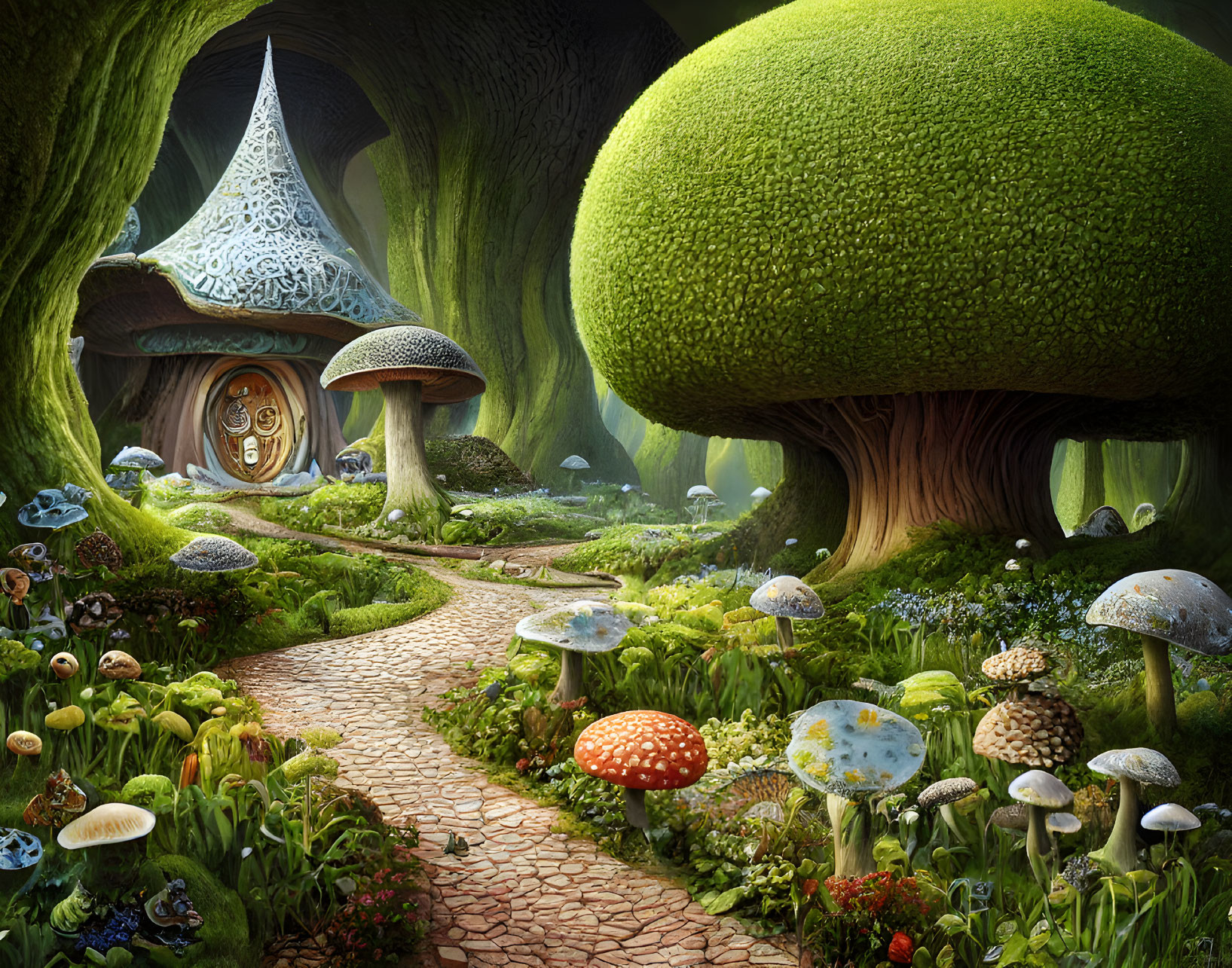 Enchanting forest scene with mushroom houses and cobblestone path