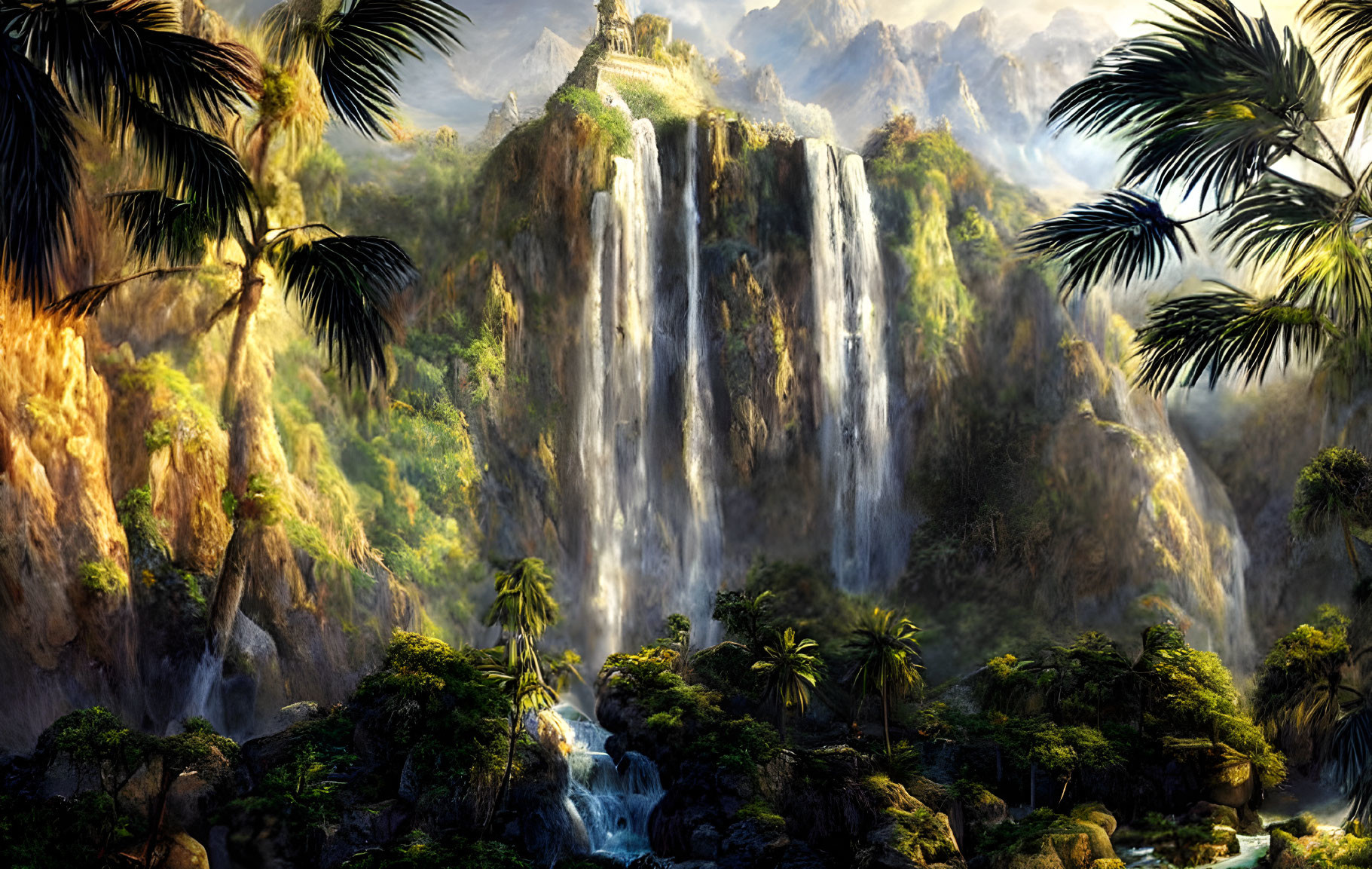 Scenic mountain waterfall in lush forest landscape