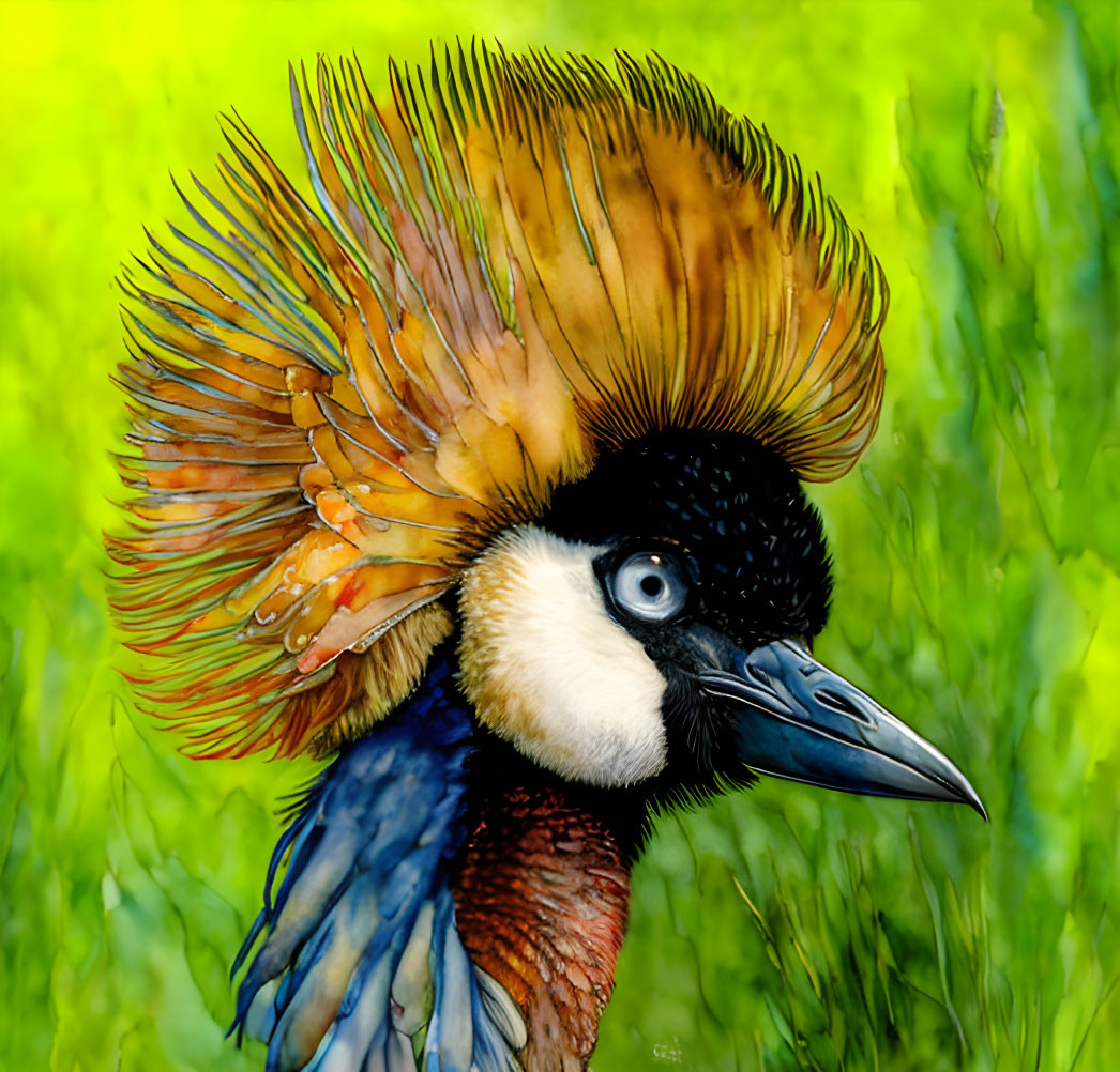 Colorful Bird Painting with Fan-shaped Crest on Green Background