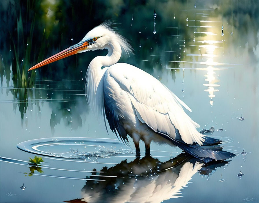 White heron in tranquil waters with ripples, delicate feathers, orange beak