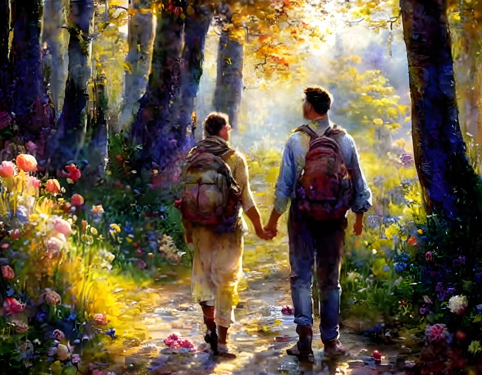 Couple walking in sunlit forest with vibrant flowers and tall trees