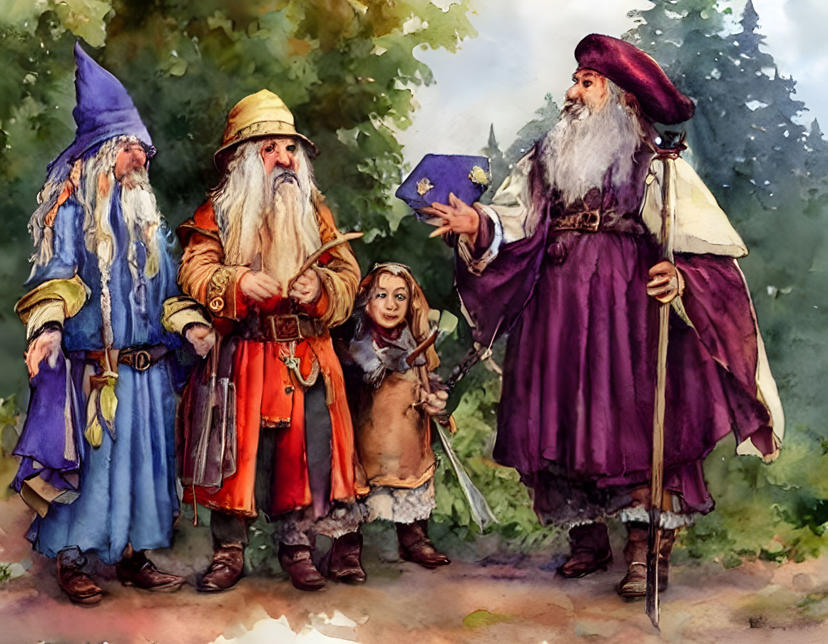 Fantastical wizards in colorful robes in misty forest illustration