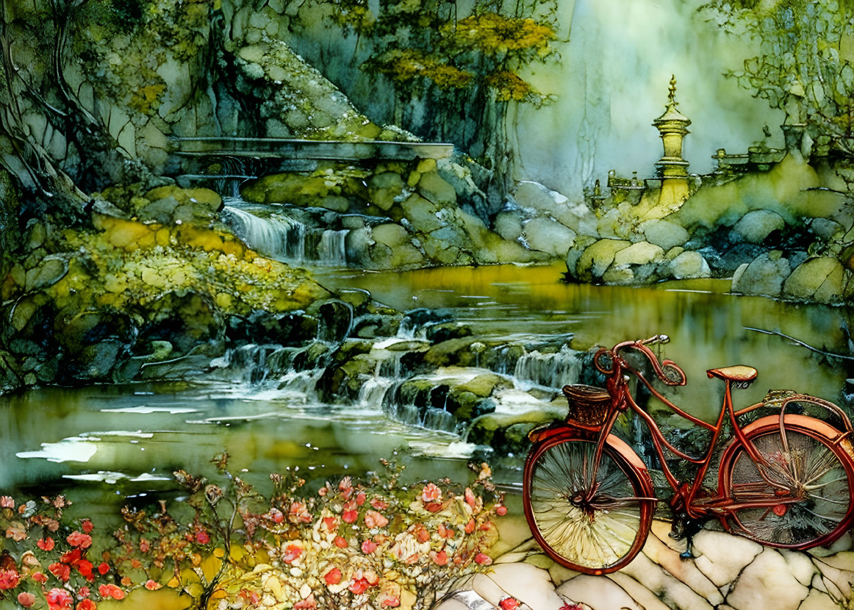 Serene waterfall, lush vegetation, bridge, bicycle, vibrant flowers