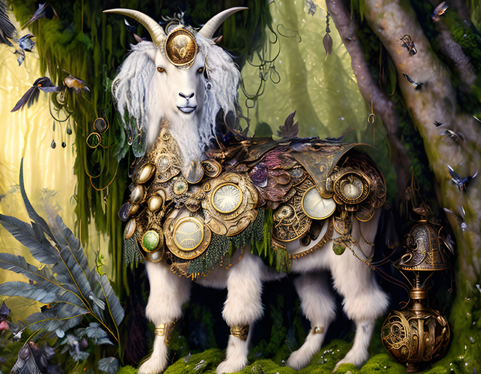 White goat in golden armor in magical forest with hummingbirds